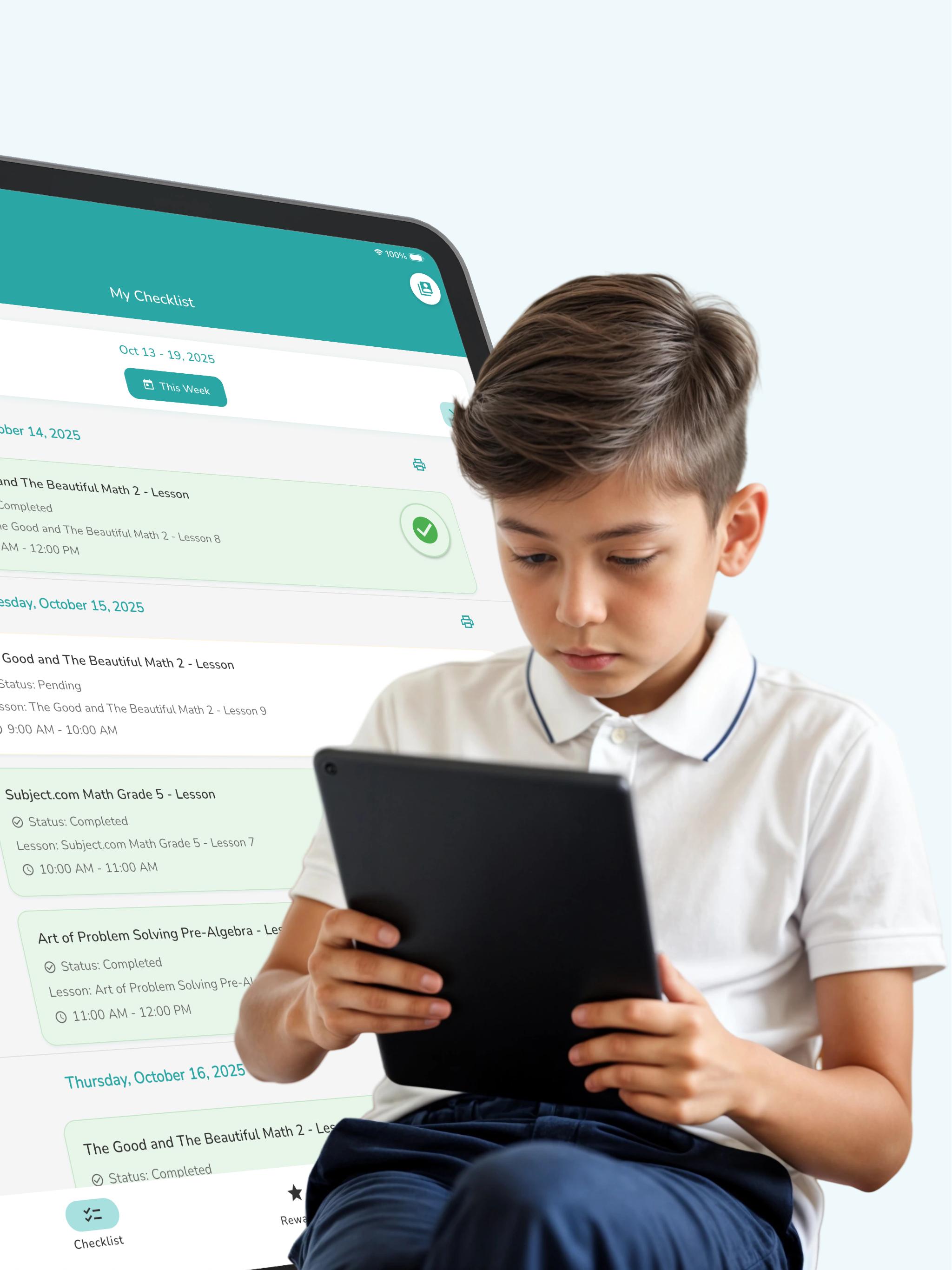 Student using HomeschoolPlanner app showing daily checklists and rewards